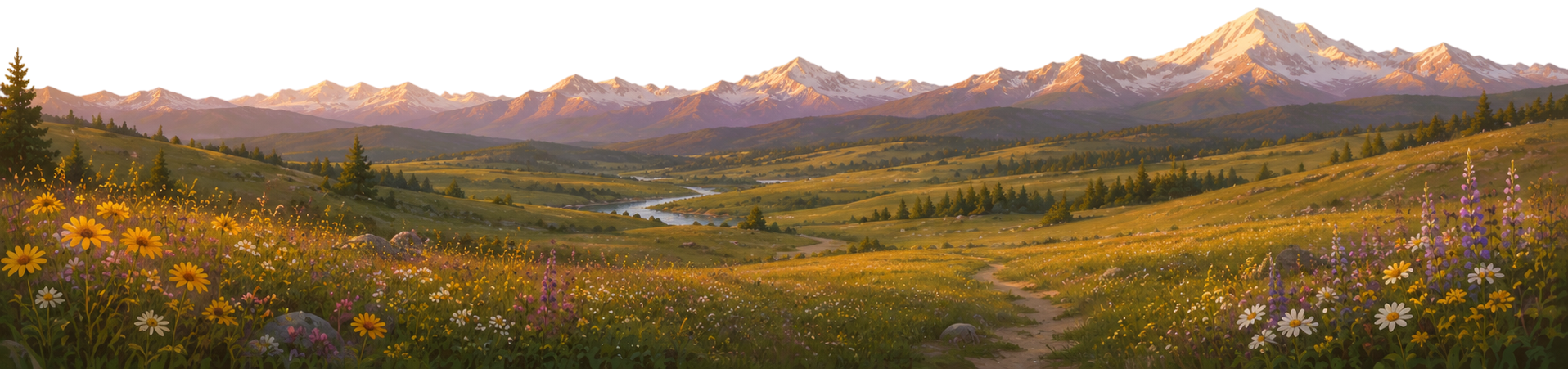 A golden mountain meadow at sunset
